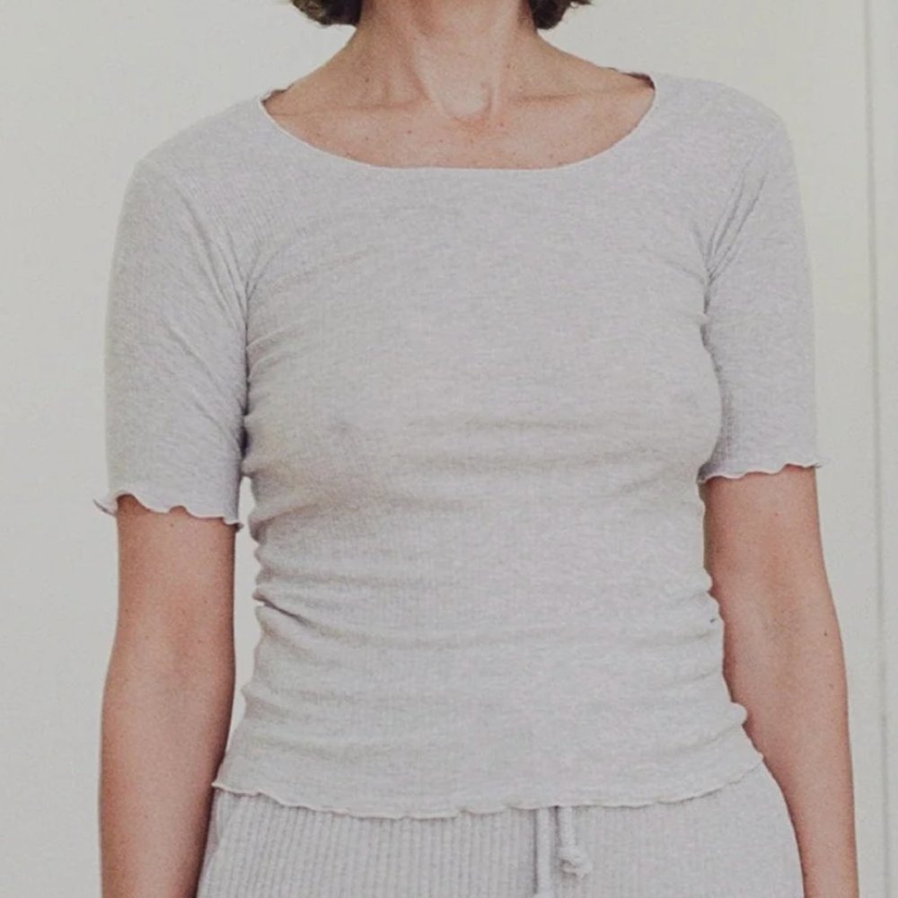 Baserange Pama 3/4 Lettuce Edged Tee Shirt in Grey Melange Small